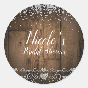 Adesivo Redondo Rustic Wood Glam Diamantes Glitter Party Favor