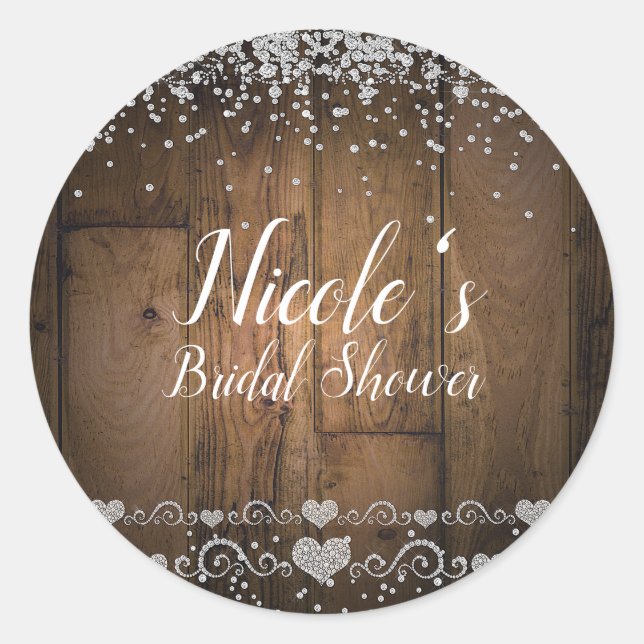 Adesivo Redondo Rustic Wood Glam Diamantes Glitter Party Favor (Frente)