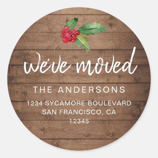 Adesivo Redondo Rustic Wood Holly We’ve Moved Holiday (Frente)