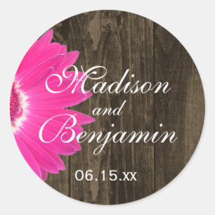 Adesivo Redondo Rustic Wood Hot Pink Daisy Weding Favor Stickers