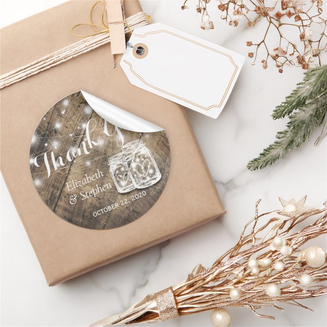 Adesivo Redondo Rustic Wood Mason Jar Lamp Casamento Favor Obrigad (Criador carregado)