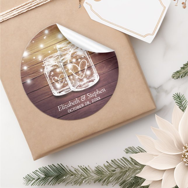 Adesivo Redondo Rustic Wood Mason Jar String Luzes Favor de Casame (Criador carregado)