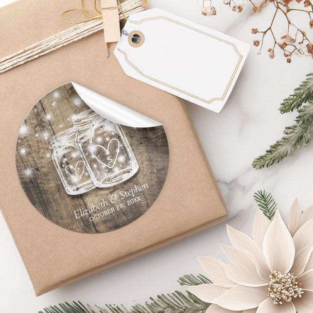 Adesivo Redondo Rustic Wood Mason Jar String Luzes Favor de Casame (Criador carregado)