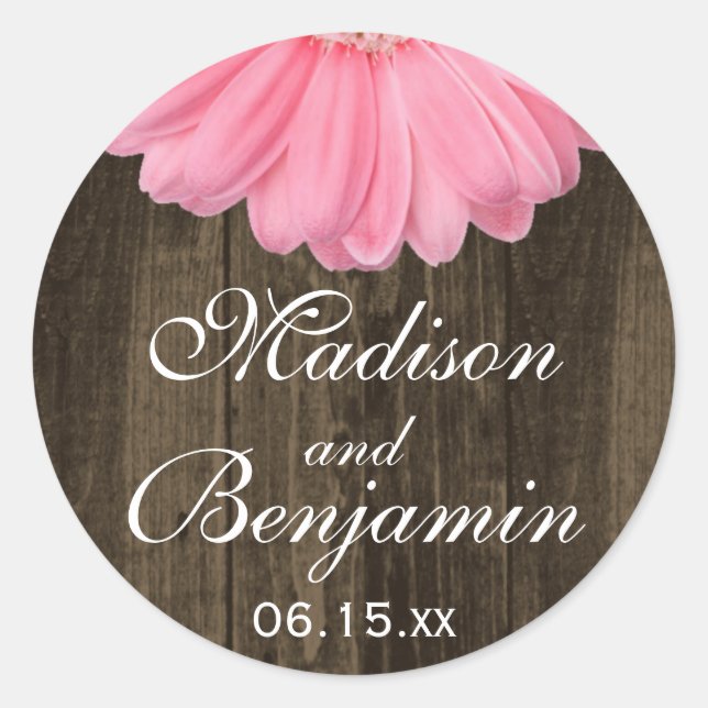 Adesivo Redondo Rustic Wood Pink Daisy Weding Favor Stickers (Frente)