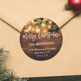 Adesivo Redondo Rustic Wood String Lights Holiday Endereço de Devo