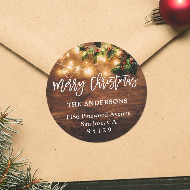 Adesivo Redondo Rustic Wood String Lights Holiday Endereço de Devo (Criador carregado)