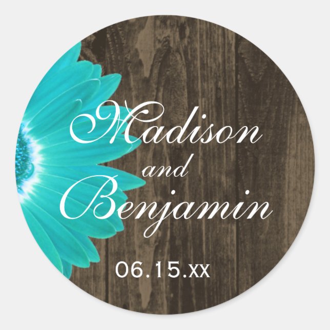 Adesivo Redondo Rustic Wood Teal Daisy Weding Favor Stickers (Frente)