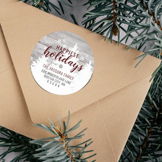 Adesivo Redondo Rustic Wood Winter Tree Burgundy Endereço de Devol (Rustic Wood Winter Tree Burgundy Return Address Classic Round Sticker)