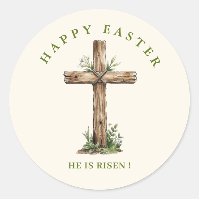 Adesivo Redondo Rustic Wooden Cross He is risen Easter (Frente)