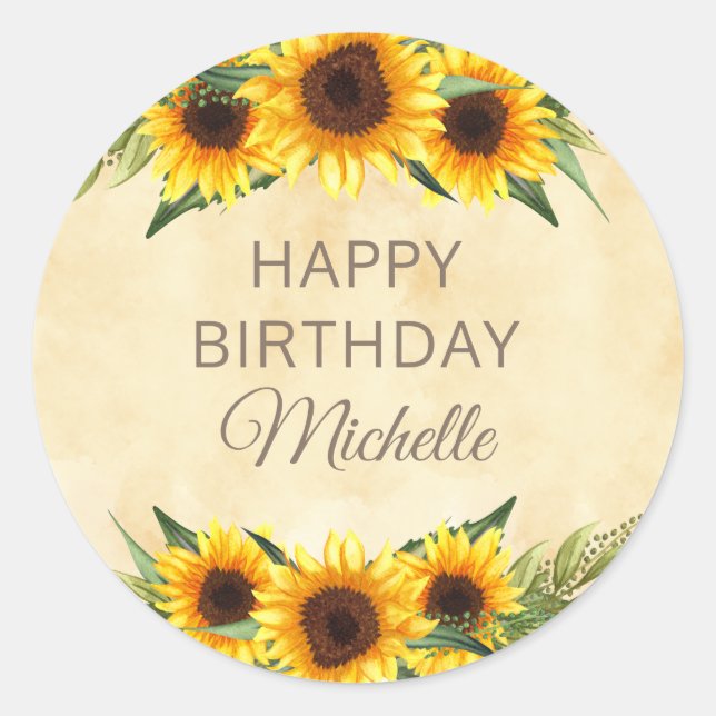 Adesivo Redondo Rustic Yellow Sunflower Custom Birday (Frente)