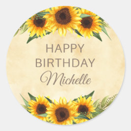 Adesivo Redondo Rustic Yellow Sunflower Custom Birday