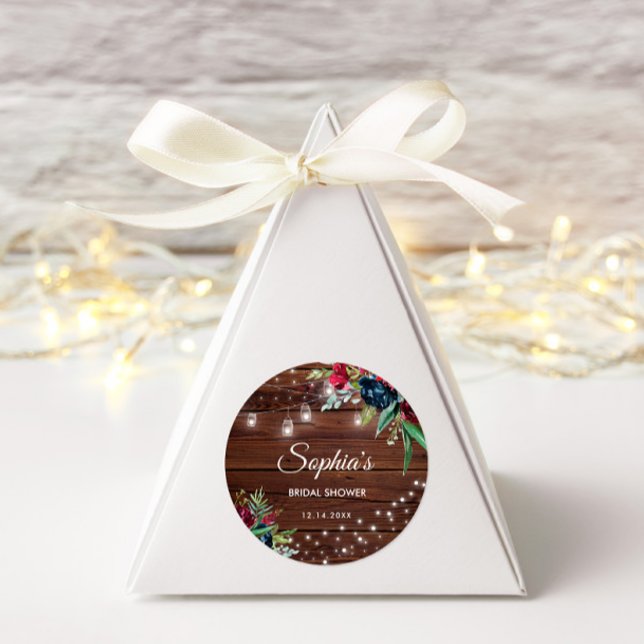 Adesivo Redondo Rústica Madeira Borgonha Luzes Florais Bridal (Criador carregado)