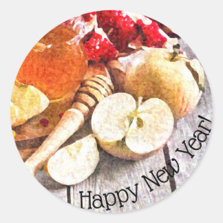 Adesivo Redondo Rústica Rosh Hashanah Feliz ano novo Maçã