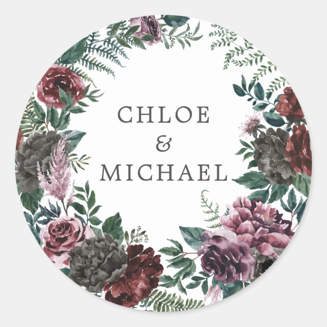 Adesivo Redondo Rústico Borgonha Vermelha Floral Envelope Seal (Frente)