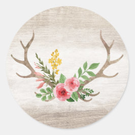 Adesivo Redondo Rústico Deer Antler Bohemian Floral Watercolor Mad