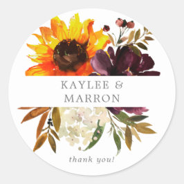 Adesivo Redondo Rústico Girassol e Floral Roxo Obrigado