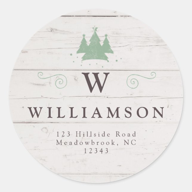 Adesivo Redondo Rústico Monograma Madeira Árvore de Natal Endereço (Frente)