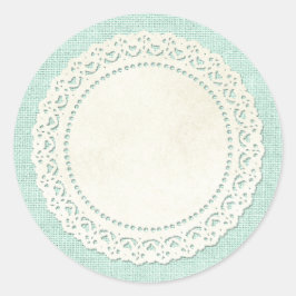 Adesivo Redondo Rústico Raça Doméstica Doily em Aqua Blue Burlap