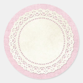 Adesivo Redondo Rústico Raiva Doily em Shabby Pink Burlap