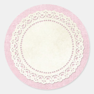 Adesivo Redondo Rústico Raiva Doily em Shabby Pink Burlap