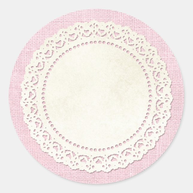 Adesivo Redondo Rústico Raiva Doily em Shabby Pink Burlap (Frente)