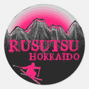 Adesivo Redondo Rusutsu Hokkaido Japão — vinhetas de esqui rosa