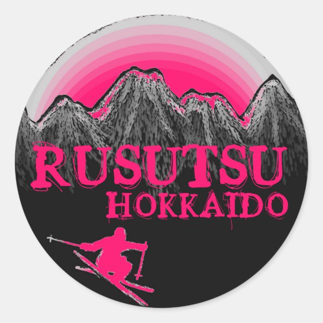 Adesivo Redondo Rusutsu Hokkaido Japão — vinhetas de esqui rosa (Frente)
