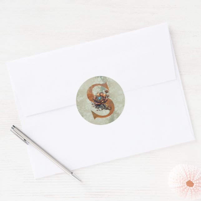 Adesivo Redondo S Vintage Steampunk Floral (Envelope)