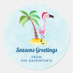 Adesivo Redondo Sábados Saudações Flamingo Rosa em Santa Hat