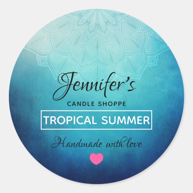 Adesivo Redondo Sabão/Vela bonito de Abstrato de Mandala Azul (Frente)