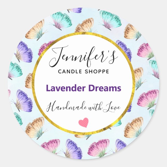 Adesivo Redondo Sabão/Vela Padrão De Borboleta De bonito Aquarela (Frente)