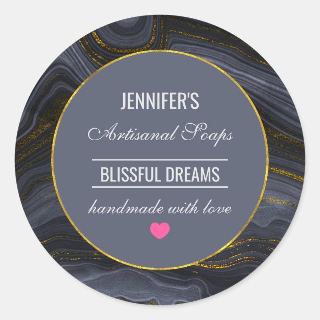 Adesivo Redondo Sabonete de Abstrato de pedra preto e Dourado (Frente)