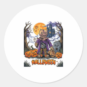 Adesivo Redondo Saco de Doces Espantalho de Halloween Abóboras Cas