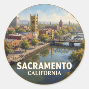 Adesivo Redondo Sacramento Califórnia Frente Marítima da Cidade Ve