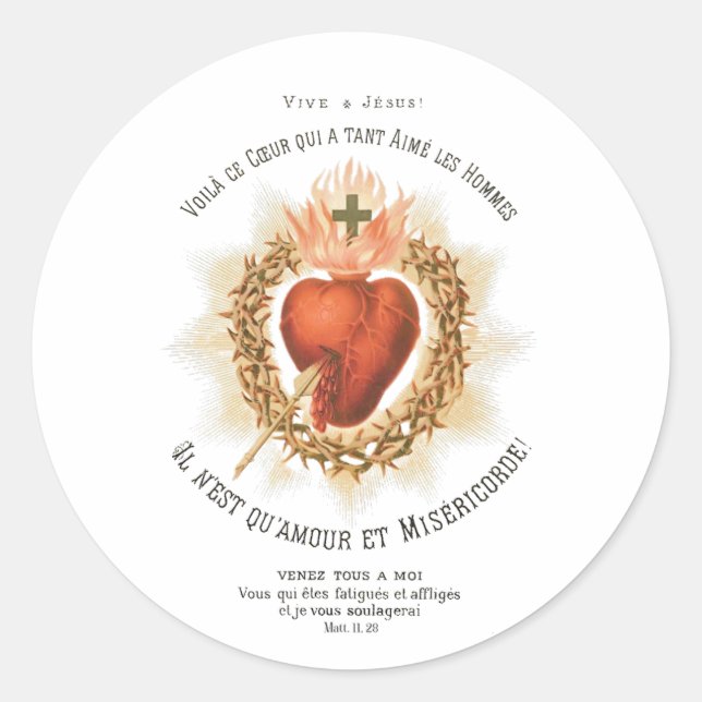 Adesivo Redondo Sacred Heart of Jesus French Holy Card Sticker (Frente)