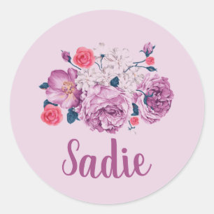 Adesivo Redondo Sadie Nome Floral Personalizado Flor Vintage Rosa 