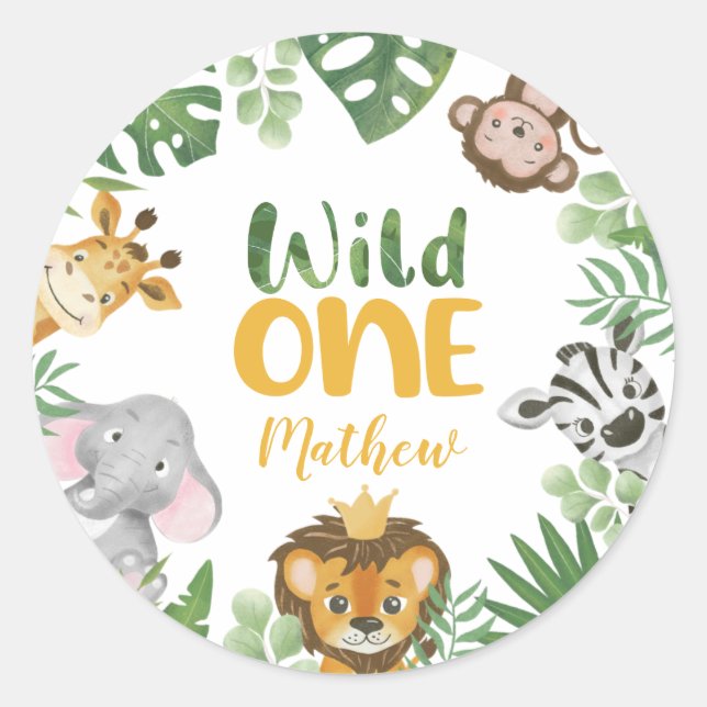 Adesivo Redondo Safari Animais Selvagens Um primeiro aniversario D (Frente)