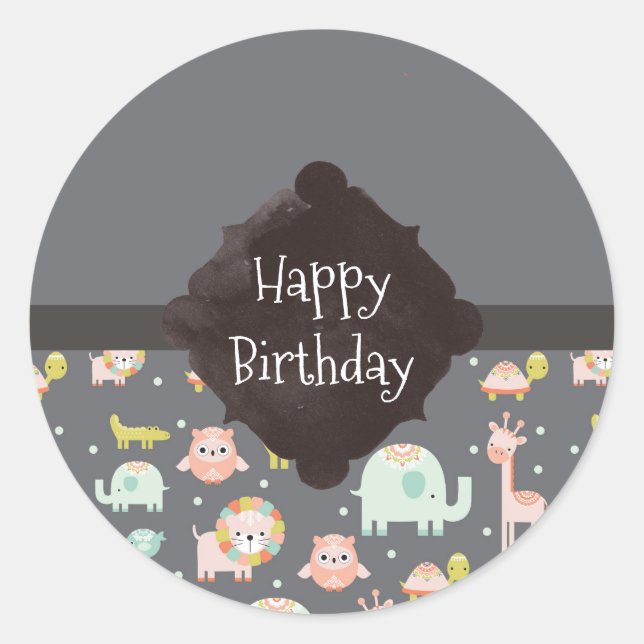 Adesivo Redondo Safari Animal Pattern Nursery Art Happy Birthday (Frente)