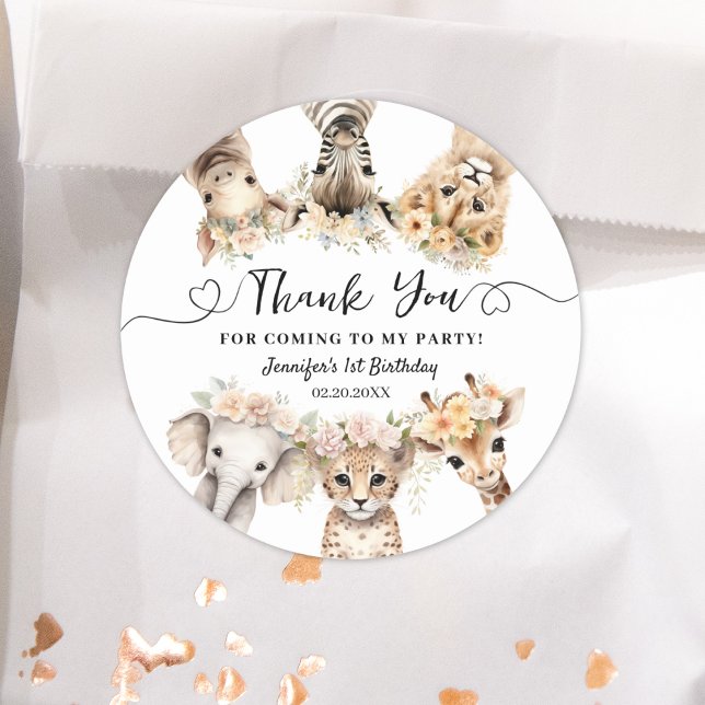 Adesivo Redondo Safari Animal Rapariga Clássica de Aniversário (Criador carregado)