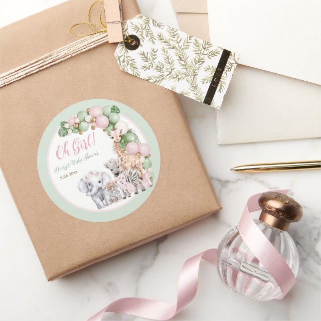 Adesivo Redondo Safari Animal Tropical Verde Bebê Rosa Chá (Presentear)