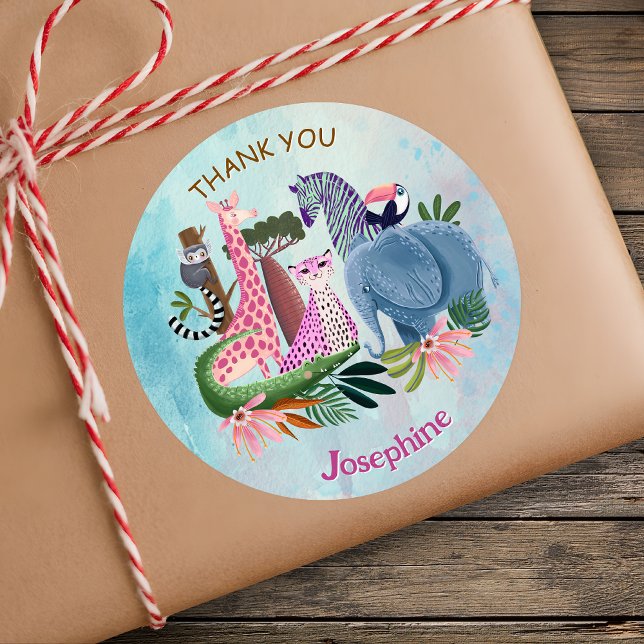 Adesivo Redondo Safari animals jungle birthday watercolor (Criador carregado)