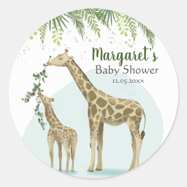 Adesivo Redondo Safari Giraffe Green Leaf Baby Round Sticker (Frente)