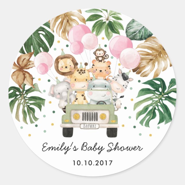 Adesivo Redondo Safari Selva Animais Greeneram Balões Rosa Bebê (Frente)