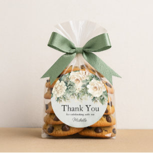 Adesivo Redondo Sage Branco Floral Dourado Aniversário Obrigado