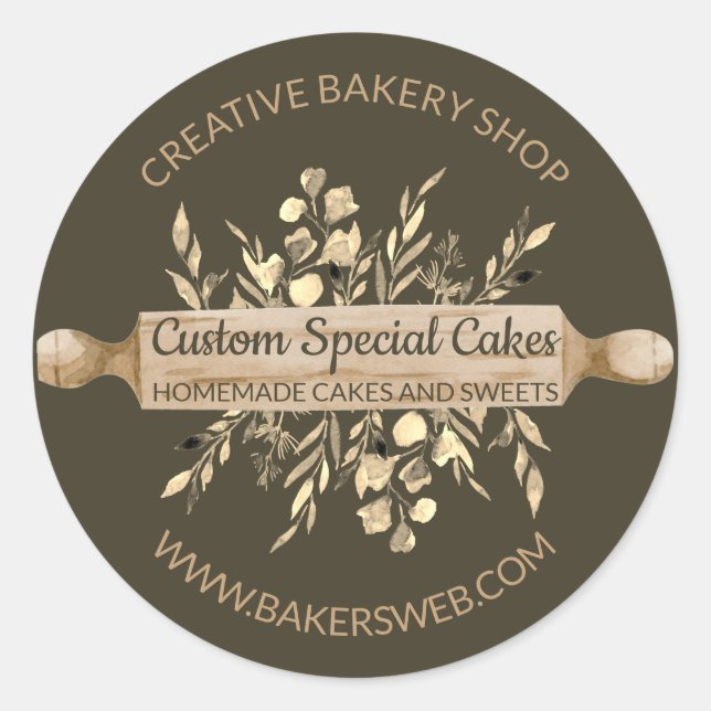 Adesivo Redondo Sage Brown Bakery Flowers Cozinhar Rolling Pin (Frente)