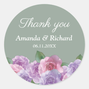 Adesivo Redondo Sage Dusty Pink Purple Floral Casamento Obrigado