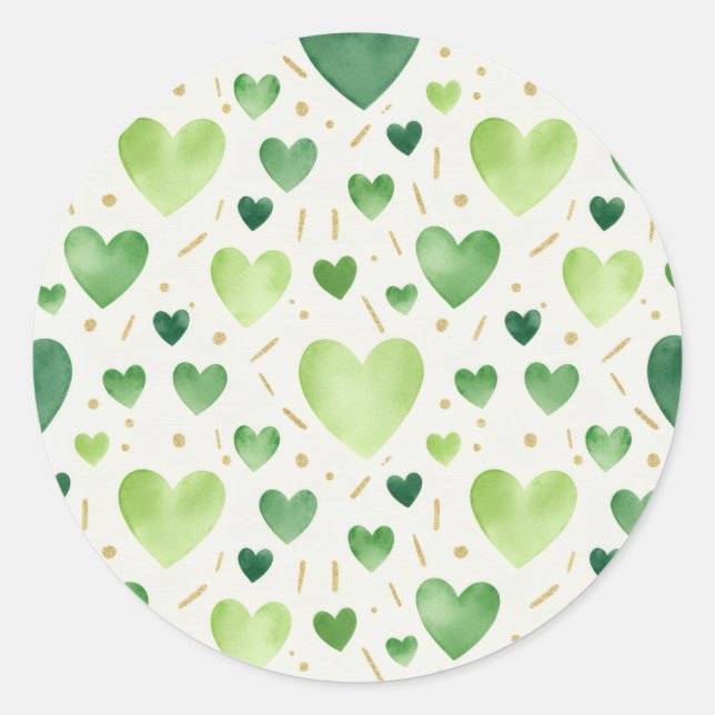 Adesivo Redondo Sage & Emerald Watercolor Hearts with Gold Accents (Frente)