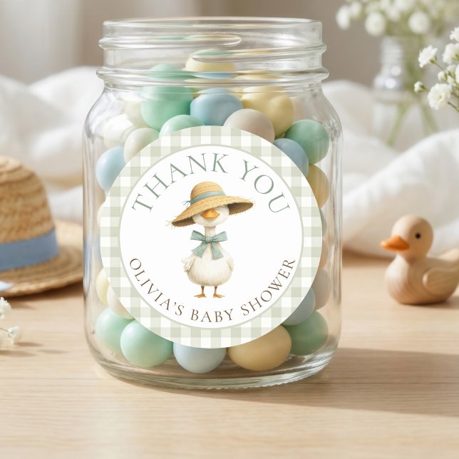 Adesivo Redondo Sage Gingham Silly Goose Obrigado Baby Shower  (Criador carregado)