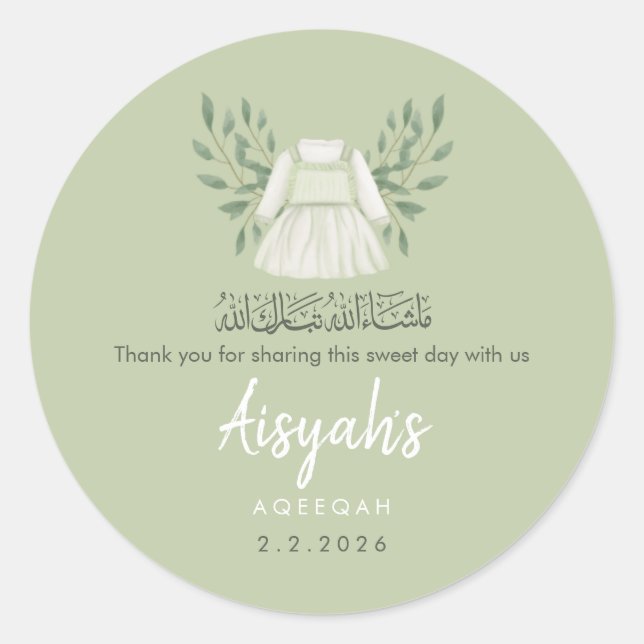 Adesivo Redondo Sage Green Aqiqah Favor Sticker - Thank You Label (Frente)