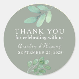 Adesivo Redondo Sage Green Botanical Weding Obrigado Sticker